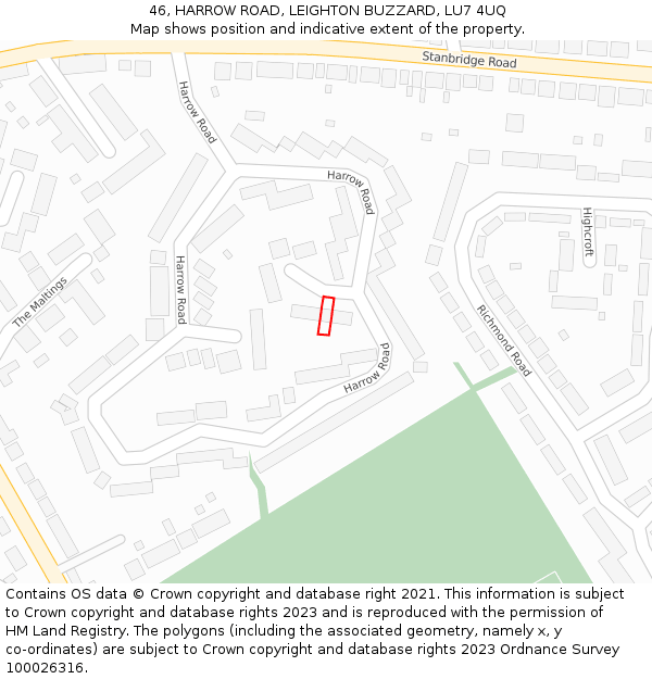 46, HARROW ROAD, LEIGHTON BUZZARD, LU7 4UQ: Location map and indicative extent of plot