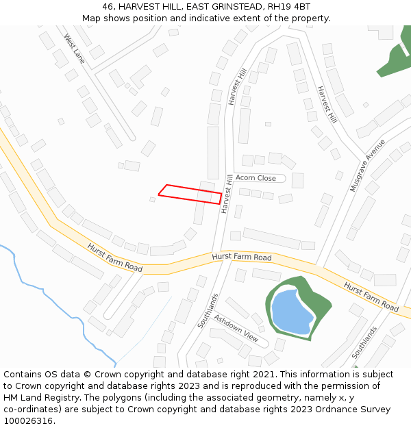 46, HARVEST HILL, EAST GRINSTEAD, RH19 4BT: Location map and indicative extent of plot