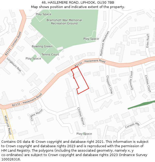 46, HASLEMERE ROAD, LIPHOOK, GU30 7BB: Location map and indicative extent of plot
