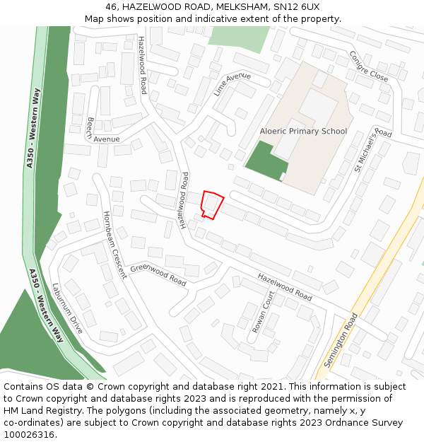 46, HAZELWOOD ROAD, MELKSHAM, SN12 6UX: Location map and indicative extent of plot