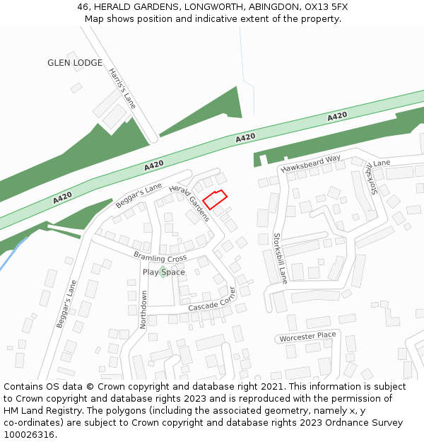 46, HERALD GARDENS, LONGWORTH, ABINGDON, OX13 5FX: Location map and indicative extent of plot