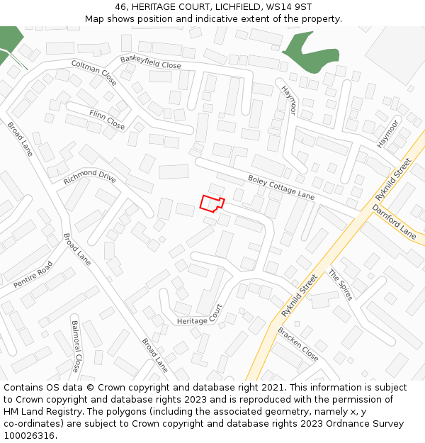 46, HERITAGE COURT, LICHFIELD, WS14 9ST: Location map and indicative extent of plot
