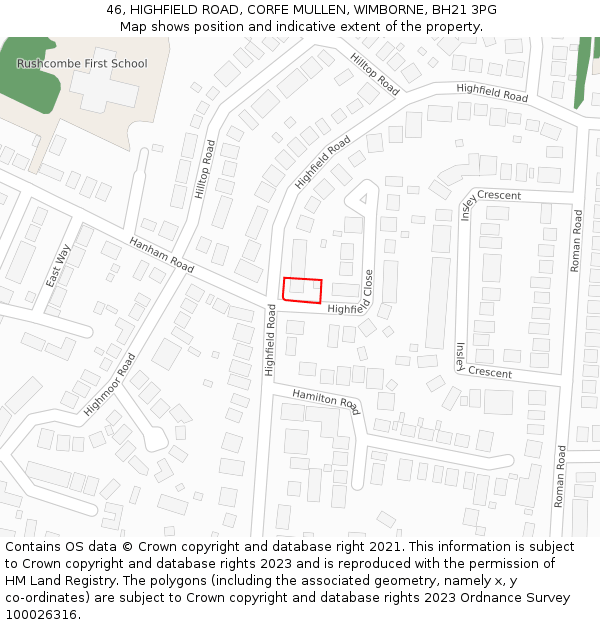 46, HIGHFIELD ROAD, CORFE MULLEN, WIMBORNE, BH21 3PG: Location map and indicative extent of plot