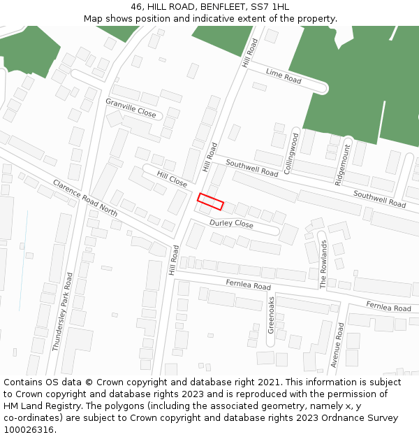 46, HILL ROAD, BENFLEET, SS7 1HL: Location map and indicative extent of plot