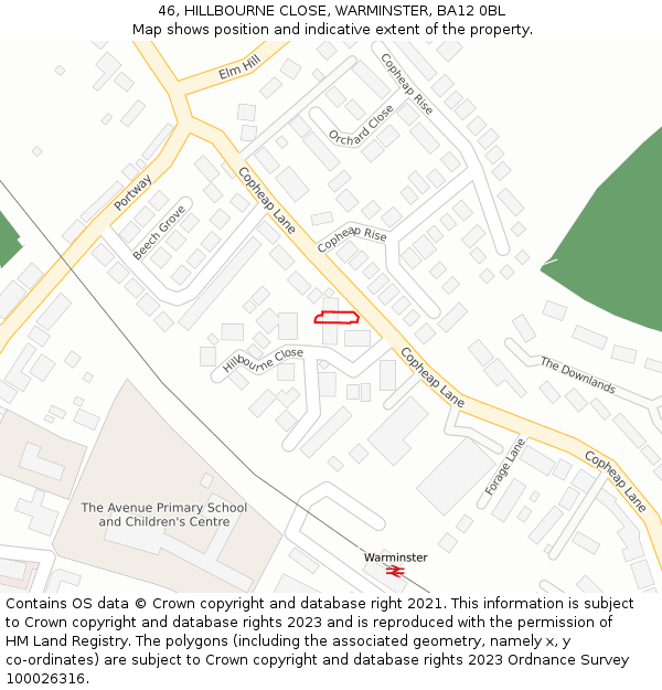 46, HILLBOURNE CLOSE, WARMINSTER, BA12 0BL: Location map and indicative extent of plot