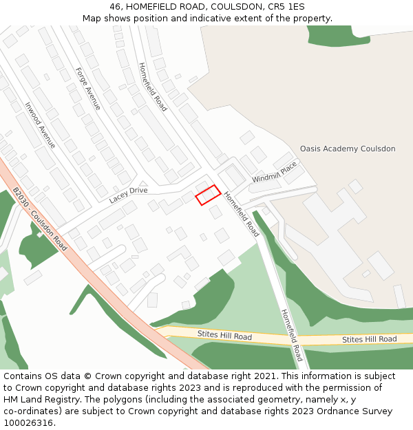 46, HOMEFIELD ROAD, COULSDON, CR5 1ES: Location map and indicative extent of plot