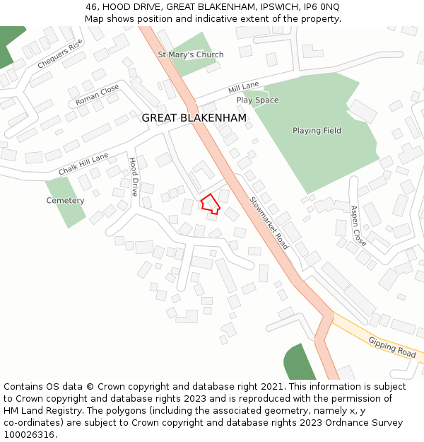 46, HOOD DRIVE, GREAT BLAKENHAM, IPSWICH, IP6 0NQ: Location map and indicative extent of plot