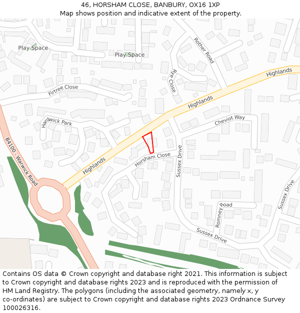 46, HORSHAM CLOSE, BANBURY, OX16 1XP: Location map and indicative extent of plot