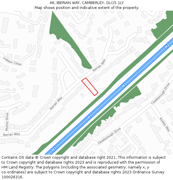 46, IBERIAN WAY, CAMBERLEY, GU15 1LY: Location map and indicative extent of plot