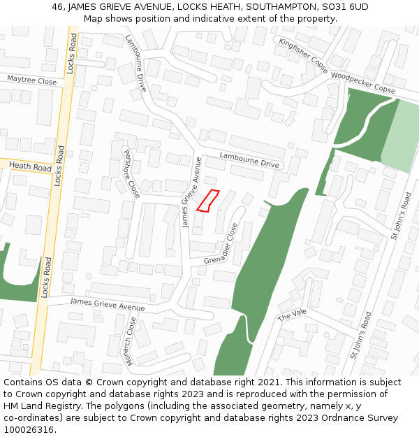 46, JAMES GRIEVE AVENUE, LOCKS HEATH, SOUTHAMPTON, SO31 6UD: Location map and indicative extent of plot