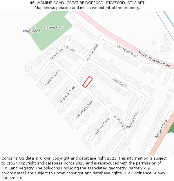 46, JASMINE ROAD, GREAT BRIDGEFORD, STAFFORD, ST18 9PT: Location map and indicative extent of plot