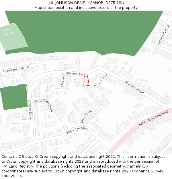 46, JOHNSON DRIVE, HEANOR, DE75 7SU: Location map and indicative extent of plot