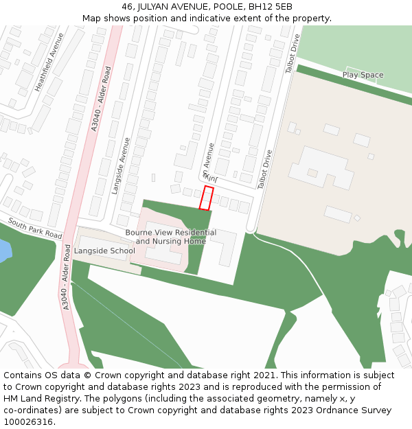 46, JULYAN AVENUE, POOLE, BH12 5EB: Location map and indicative extent of plot