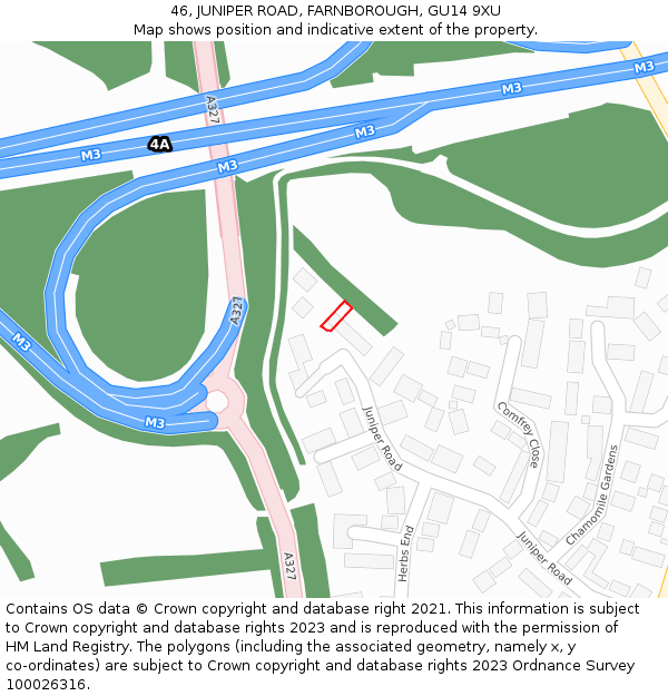 46, JUNIPER ROAD, FARNBOROUGH, GU14 9XU: Location map and indicative extent of plot