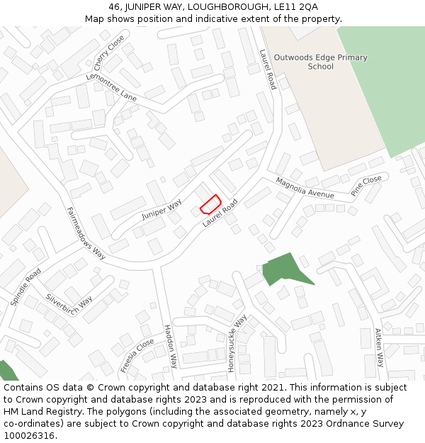 46, JUNIPER WAY, LOUGHBOROUGH, LE11 2QA: Location map and indicative extent of plot