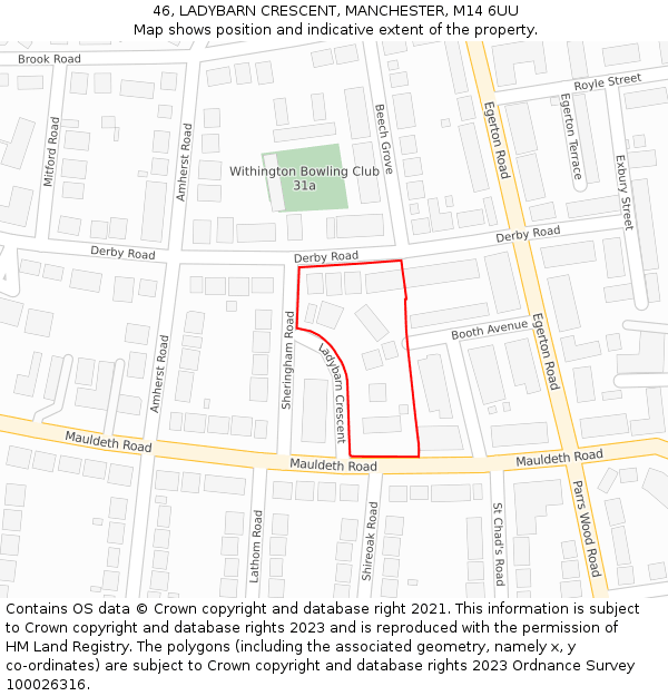46, LADYBARN CRESCENT, MANCHESTER, M14 6UU: Location map and indicative extent of plot