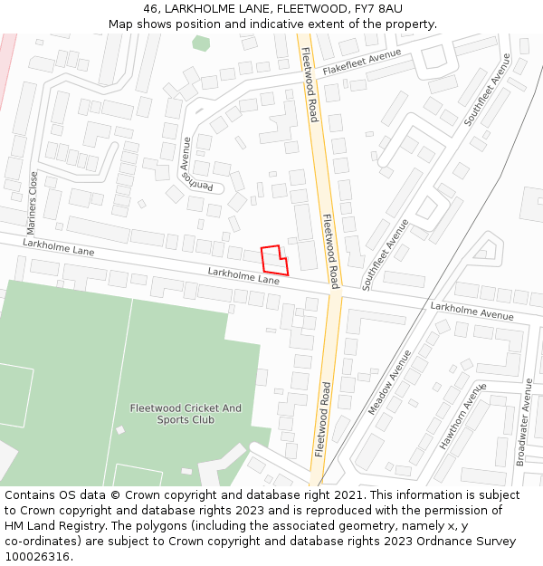 46, LARKHOLME LANE, FLEETWOOD, FY7 8AU: Location map and indicative extent of plot
