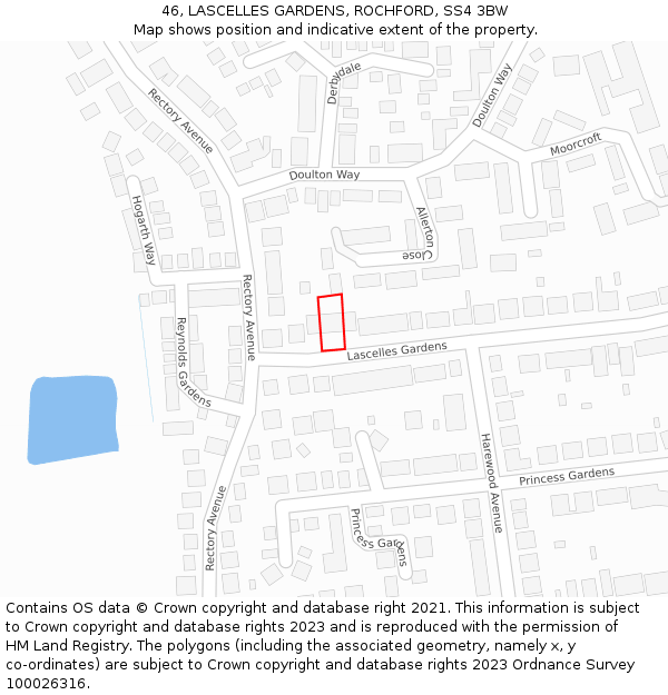 46, LASCELLES GARDENS, ROCHFORD, SS4 3BW: Location map and indicative extent of plot