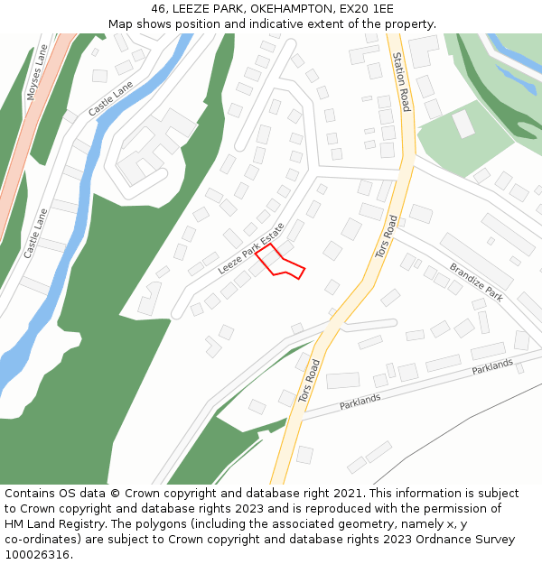46, LEEZE PARK, OKEHAMPTON, EX20 1EE: Location map and indicative extent of plot