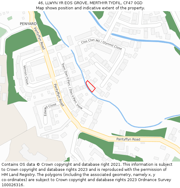 46, LLWYN YR EOS GROVE, MERTHYR TYDFIL, CF47 0GD: Location map and indicative extent of plot