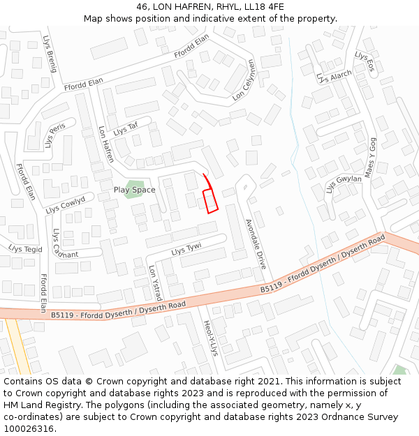 46, LON HAFREN, RHYL, LL18 4FE: Location map and indicative extent of plot