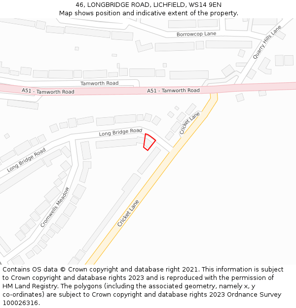 46, LONGBRIDGE ROAD, LICHFIELD, WS14 9EN: Location map and indicative extent of plot