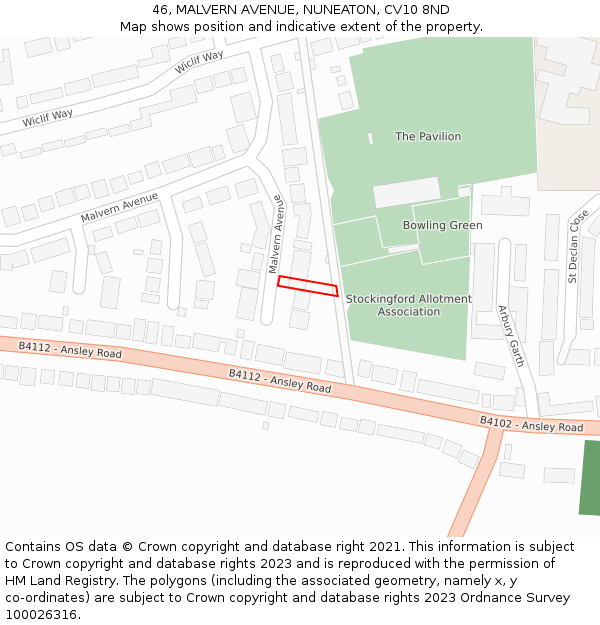 46, MALVERN AVENUE, NUNEATON, CV10 8ND: Location map and indicative extent of plot