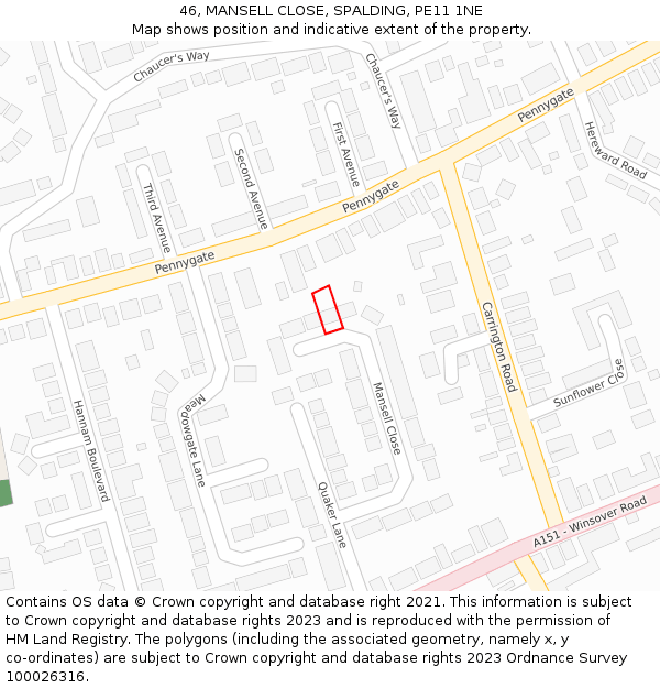 46, MANSELL CLOSE, SPALDING, PE11 1NE: Location map and indicative extent of plot