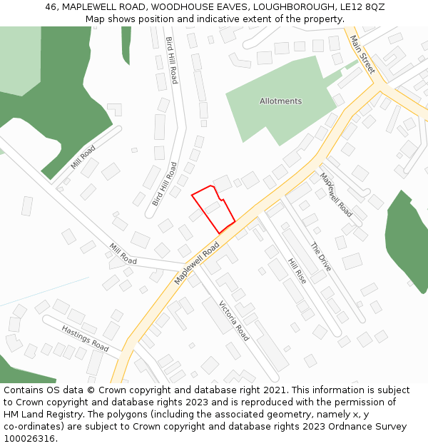46, MAPLEWELL ROAD, WOODHOUSE EAVES, LOUGHBOROUGH, LE12 8QZ: Location map and indicative extent of plot