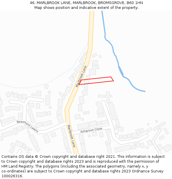 46, MARLBROOK LANE, MARLBROOK, BROMSGROVE, B60 1HN: Location map and indicative extent of plot