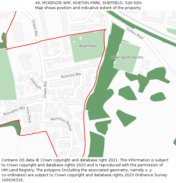 46, MCKENZIE WAY, KIVETON PARK, SHEFFIELD, S26 6QN: Location map and indicative extent of plot