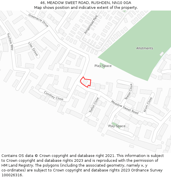 46, MEADOW SWEET ROAD, RUSHDEN, NN10 0GA: Location map and indicative extent of plot