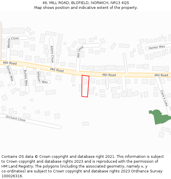 46, MILL ROAD, BLOFIELD, NORWICH, NR13 4QS: Location map and indicative extent of plot