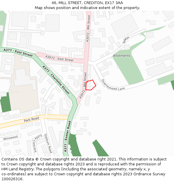 46, MILL STREET, CREDITON, EX17 3AA: Location map and indicative extent of plot