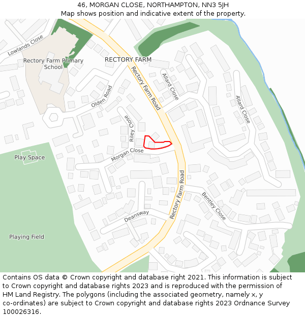 46, MORGAN CLOSE, NORTHAMPTON, NN3 5JH: Location map and indicative extent of plot