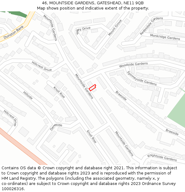 46, MOUNTSIDE GARDENS, GATESHEAD, NE11 9QB: Location map and indicative extent of plot