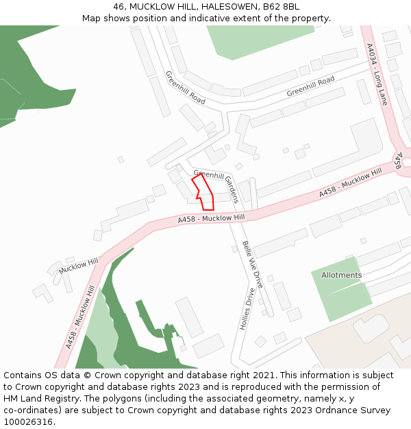 46, MUCKLOW HILL, HALESOWEN, B62 8BL: Location map and indicative extent of plot