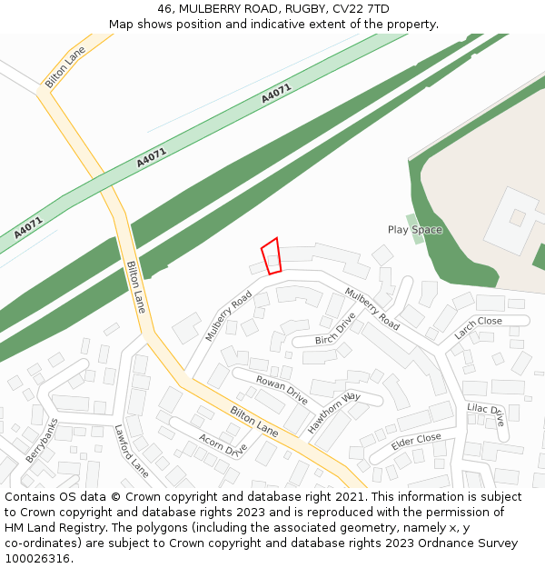 46, MULBERRY ROAD, RUGBY, CV22 7TD: Location map and indicative extent of plot