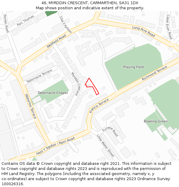 46, MYRDDIN CRESCENT, CARMARTHEN, SA31 1DX: Location map and indicative extent of plot