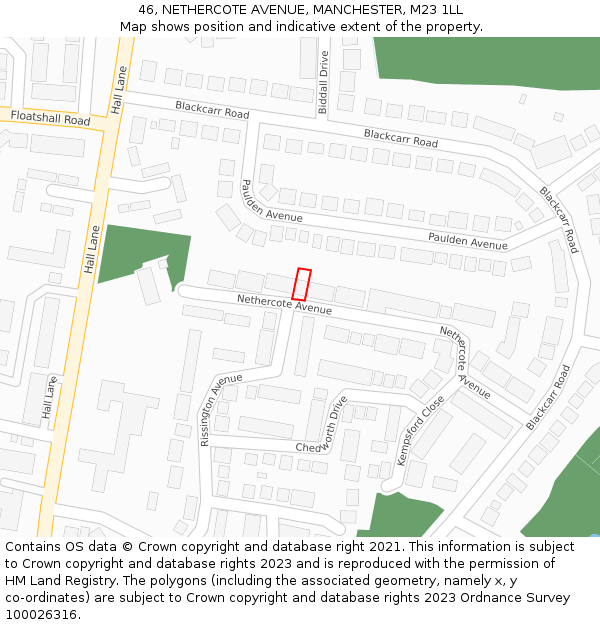 46, NETHERCOTE AVENUE, MANCHESTER, M23 1LL: Location map and indicative extent of plot