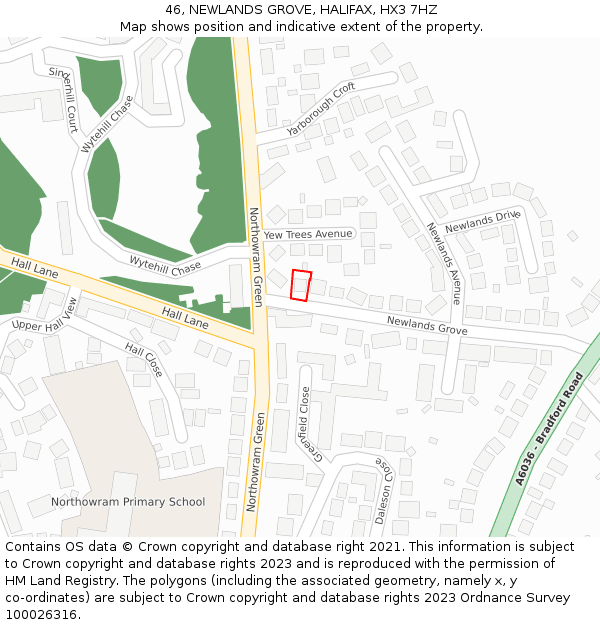46, NEWLANDS GROVE, HALIFAX, HX3 7HZ: Location map and indicative extent of plot