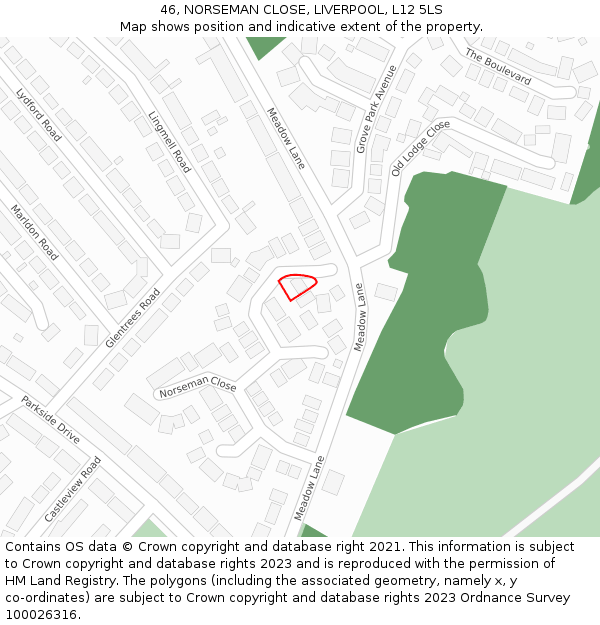 46, NORSEMAN CLOSE, LIVERPOOL, L12 5LS: Location map and indicative extent of plot