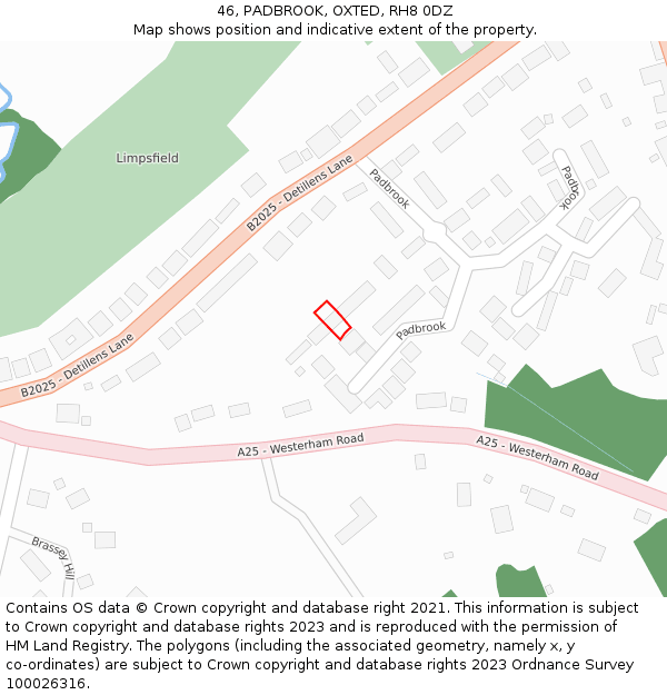 46, PADBROOK, OXTED, RH8 0DZ: Location map and indicative extent of plot