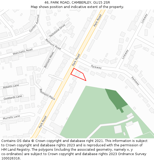 46, PARK ROAD, CAMBERLEY, GU15 2SR: Location map and indicative extent of plot