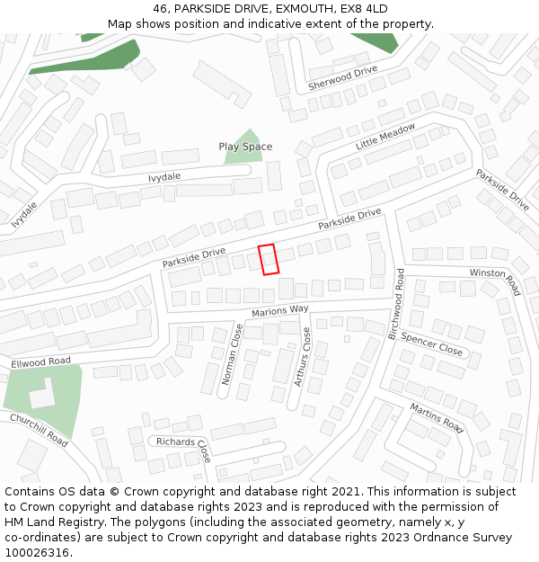 46, PARKSIDE DRIVE, EXMOUTH, EX8 4LD: Location map and indicative extent of plot