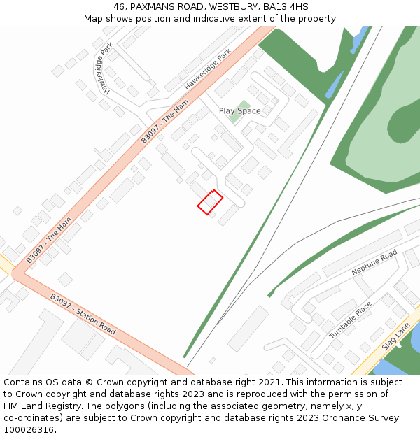 46, PAXMANS ROAD, WESTBURY, BA13 4HS: Location map and indicative extent of plot