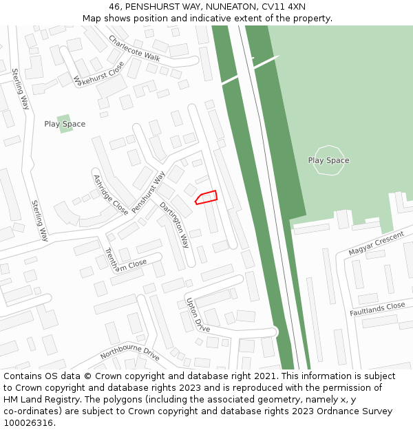 46, PENSHURST WAY, NUNEATON, CV11 4XN: Location map and indicative extent of plot