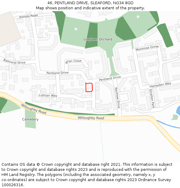 46, PENTLAND DRIVE, SLEAFORD, NG34 8GD: Location map and indicative extent of plot