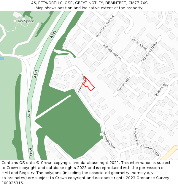 46, PETWORTH CLOSE, GREAT NOTLEY, BRAINTREE, CM77 7XS: Location map and indicative extent of plot