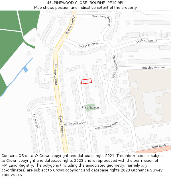 46, PINEWOOD CLOSE, BOURNE, PE10 9RL: Location map and indicative extent of plot